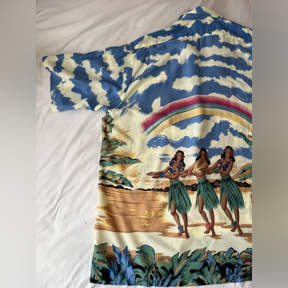 Vtg NWT Palm Bay Hawaiian Rainbow Hula Girls Aloha Rayon Shirt Size XXL Sky SS - Picture 10 of 12